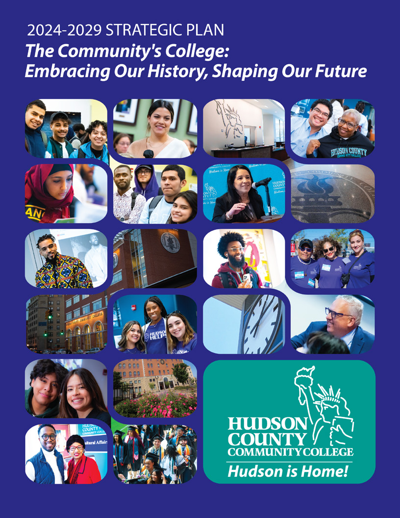 The image is the cover of Hudson County Community College's "2025-29 Strategic Plan". Highlights include classroom settings, smiling individuals at events, and campus buildings, reflecting the college's vibrant community and commitment to growth and inclusivity.