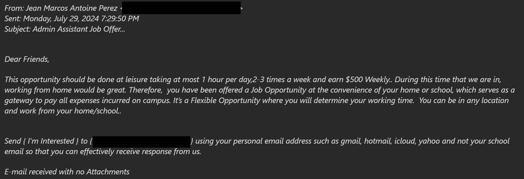 ITS Warning: Phishing “Admin Assistant Job Offer..”