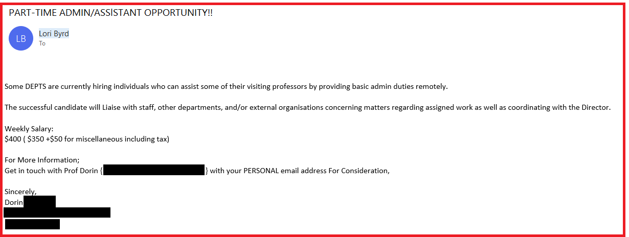 ITS Warning: PART-TIME ADMIN/ASSlSTANT OPPORTUNITY!! Phishing email