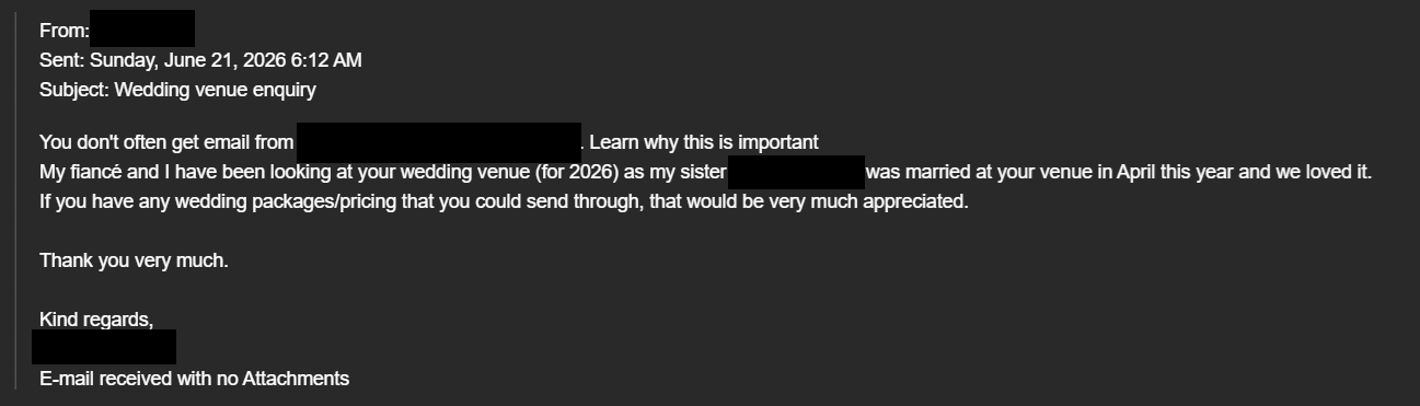 ITS Security Warning: Scam Email with Subject - Wedding Venue