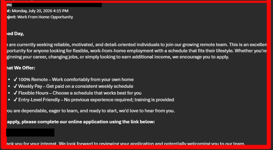 ITS Warning: "Work From Home Opportunity" Job Scam Phishing Email Targeting HCCC Community