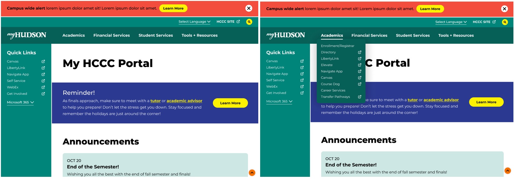 Two identical screens displaying the MyHudson Portal, highlighting the Academics section.