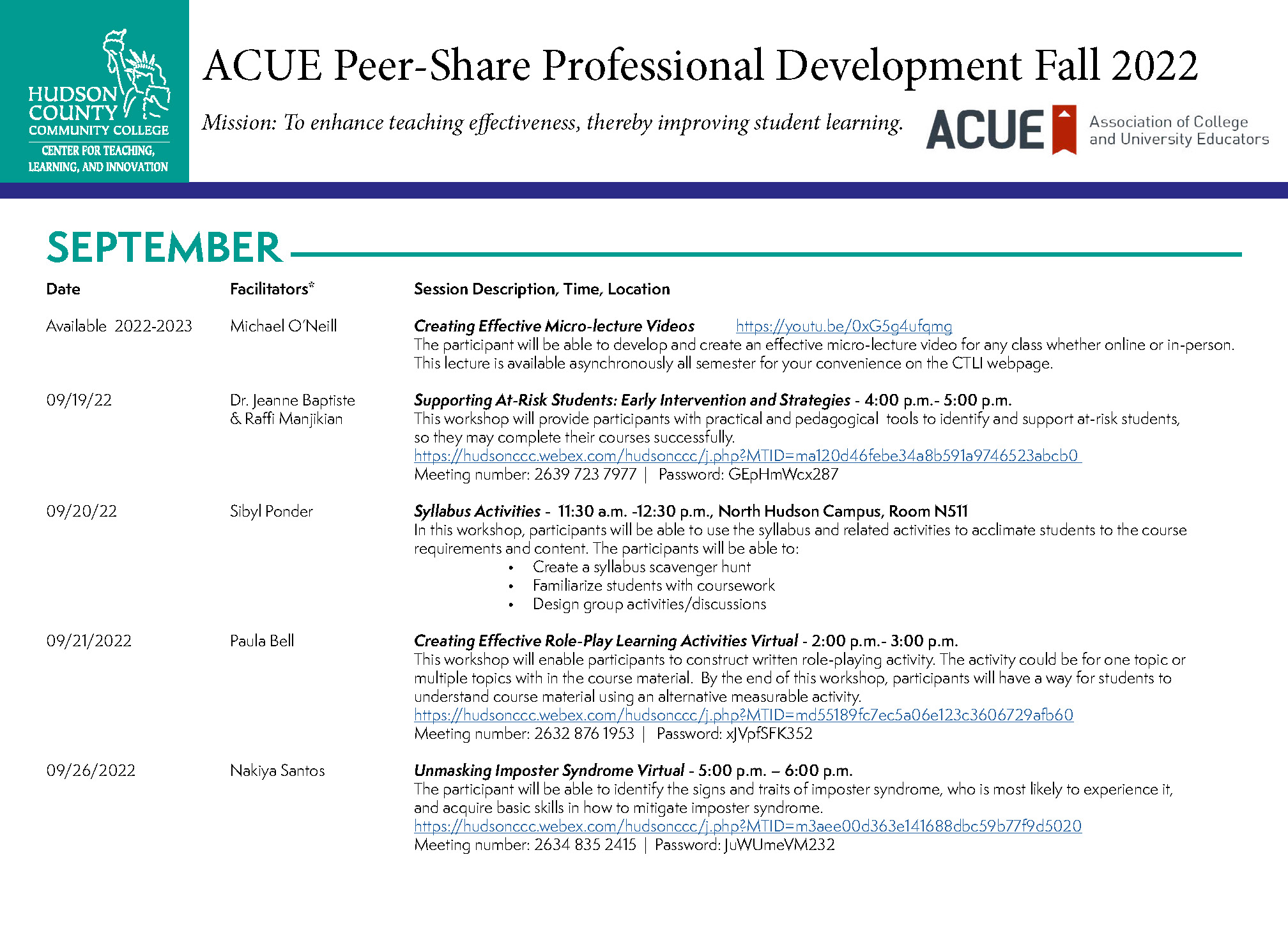 ACUE Peer-Share Professional Development Fall 2022 - September Schedule