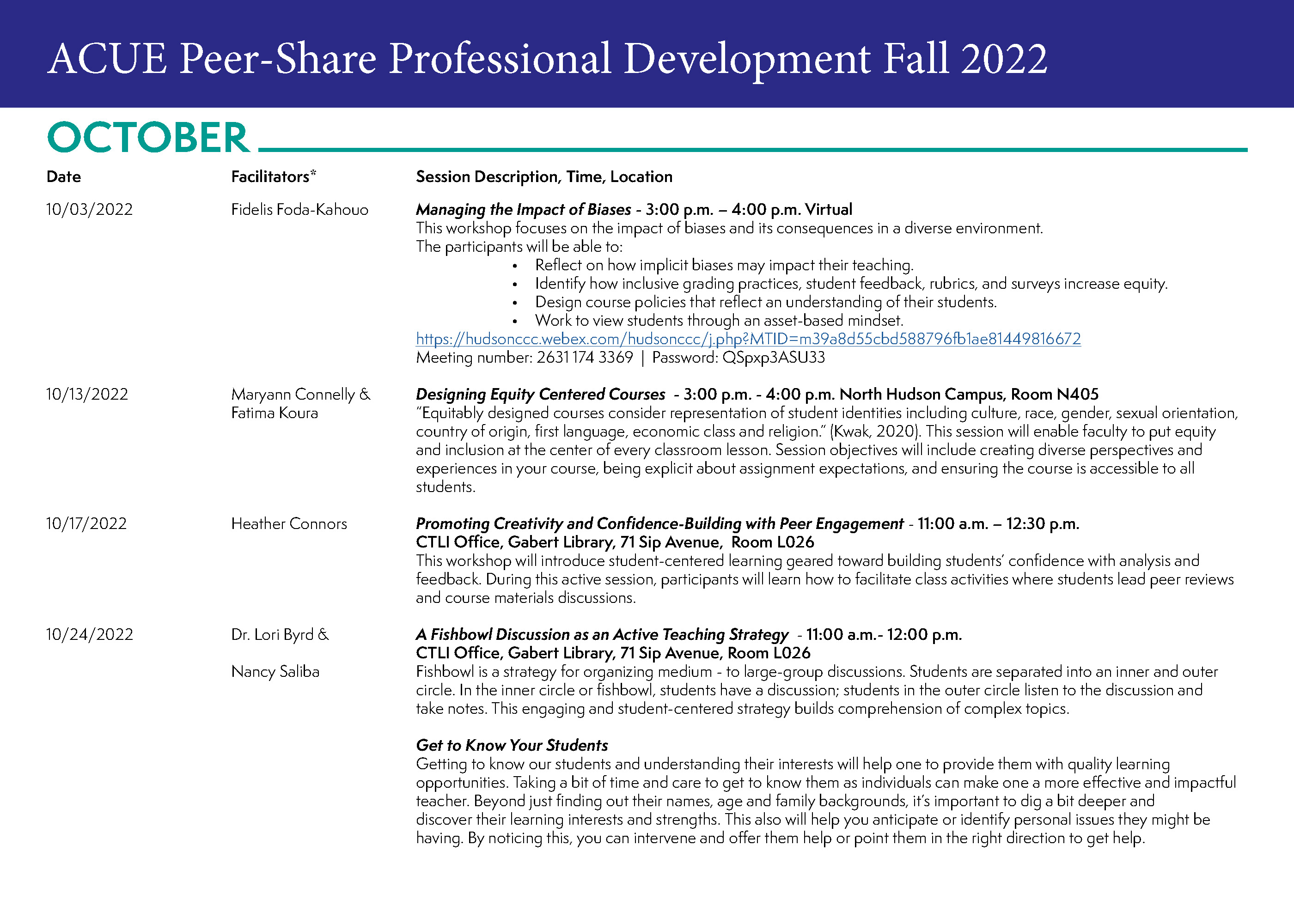ACUE Peer-Share Professional Development Fall 2022 - October Schedule