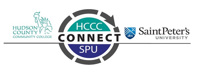 HCCC | SPU CONNECT Program Logo This logo represents the collaborative program "HCCC CONNECT SPU" between Hudson County Community College and Saint Peter's University. It highlights a partnership symbolized by the interconnected design, aiming to bridge academic programs and facilitate seamless student transfers.