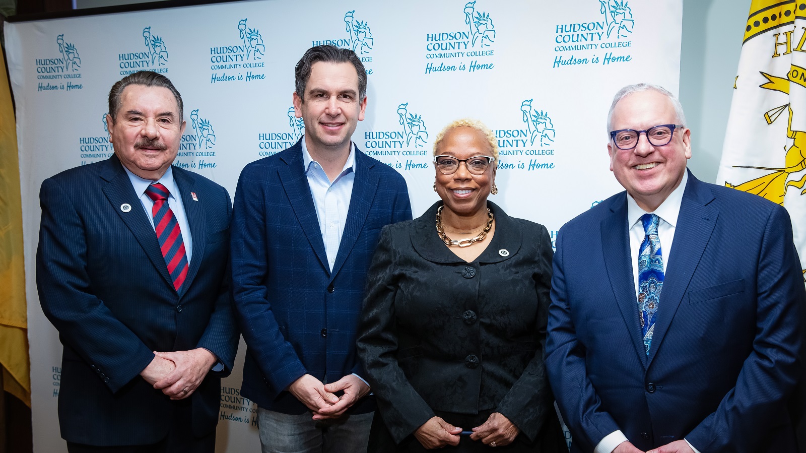 Dr. Antonio Flores, President, Hispanic Association of Colleges and Universities; Steven M. Fulop, Mayor of Jersey City, New Jersey; Dr. Paula Roberson, Director, HCCC Center for Teaching, Learning, and Innovation; and Dr. Christopher M. Reber, HCCC President.