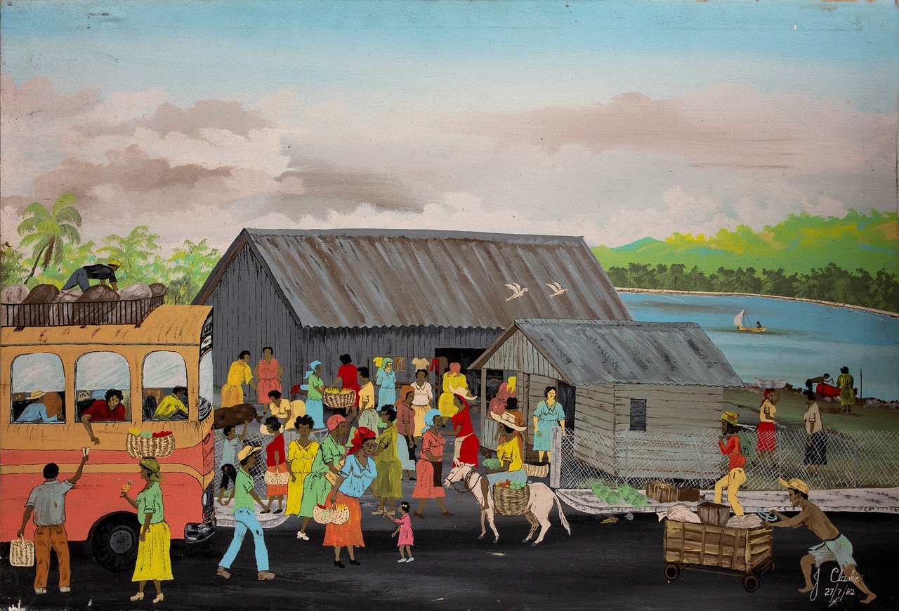 “ርዕስ አልባ” (አውቶቡስ፣ የሰዎች ስብስብ እና ሕንፃዎች) በጄ. ክላርክ፣ 1982፣ በሸራ ላይ ዘይት፣ 19” x 28”