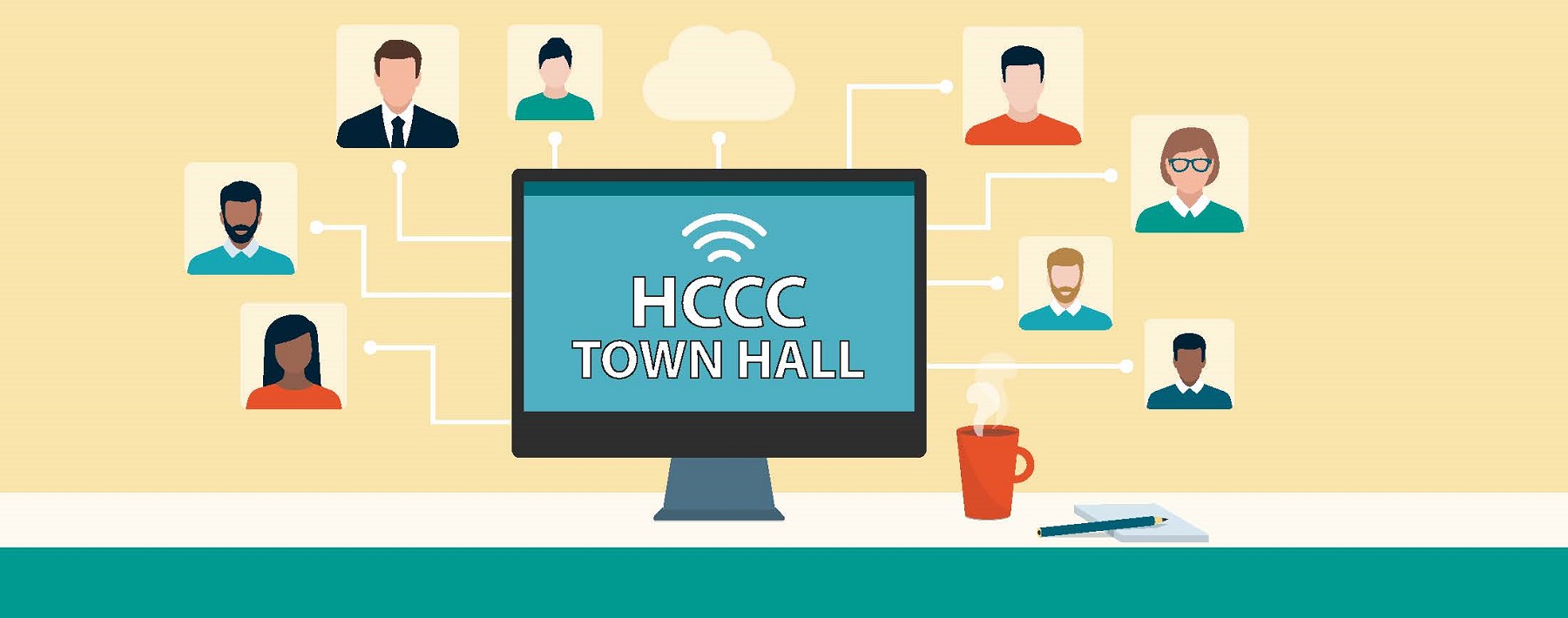 Banner image for a Hudson County Community College Town Hall event, featuring a group of people gathered around a table with microphones and a large screen in the background.