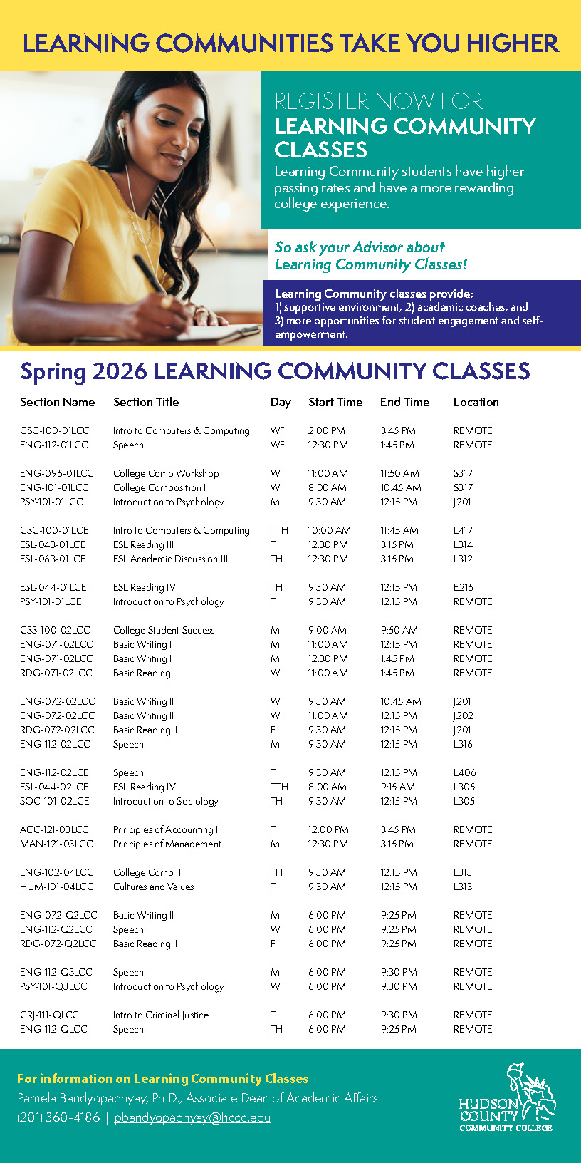 A vibrant flyer promoting the spring 2026 semester learning community, featuring engaging graphics and essential details.