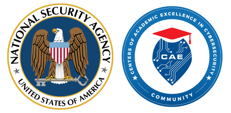 Logos for National Security Agency and Center of Academic Excellence in Cybersecurity Community