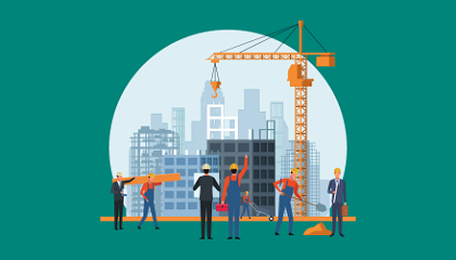 A graphic of a construction site with cranes, buildings and workers.
