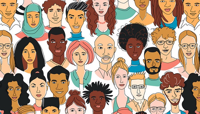 A vibrant and detailed illustration showing a diverse group of individuals, representing cultural and ethnic diversity in a unified and artistic style.